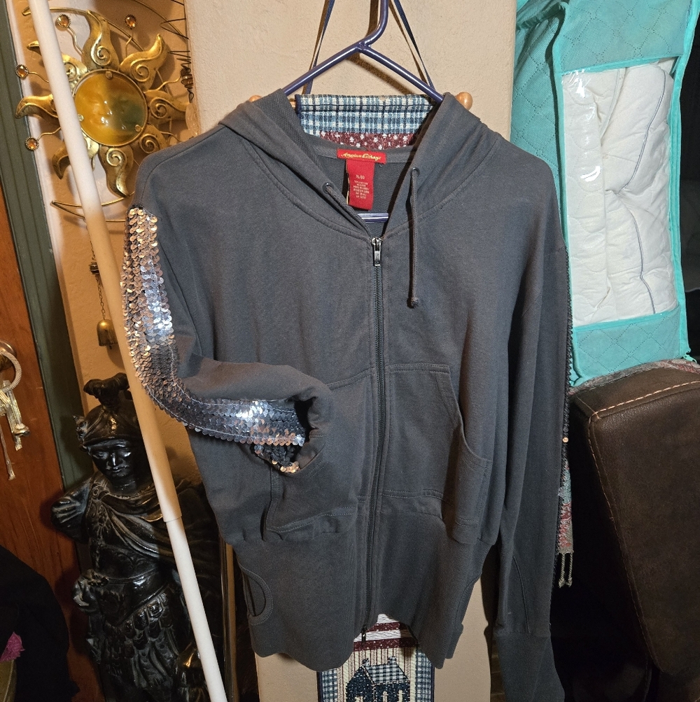American Exchange Charcoal Hoodie with Silver Sequin Detail